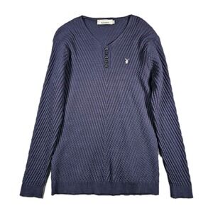 Playboy Men's Navy‎ Wool Blend Cable Knit Henley Sweater Embroidered Logo Small